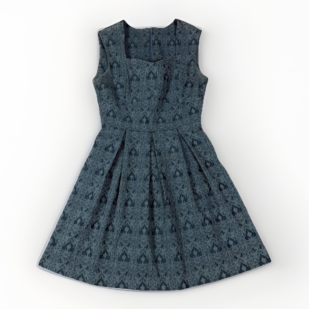IXIA Fit and Flare Dress Womens Medium Blue Damask Jacquard Pleated Sleeveless